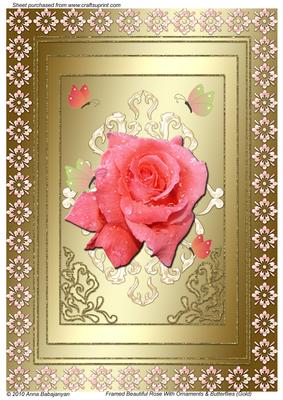 Framed Beautiful Rose with Ornaments & Butterflies (gold)
