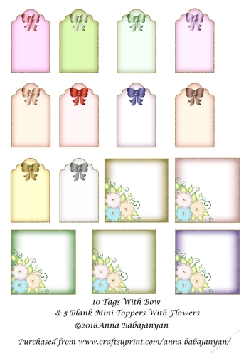 10 Tags With Bow & 5 Blank Mini Toppers With Flowers