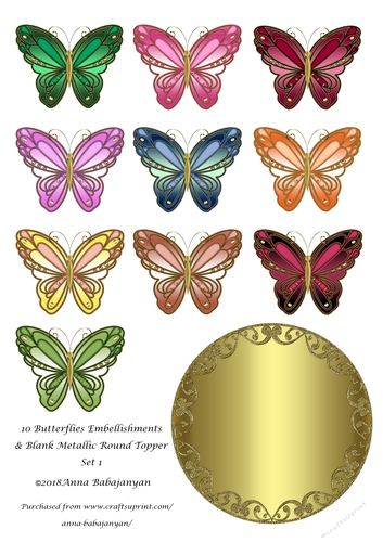 10 Butterflies Embellishments & Blank Metallic Round Topper Set 1