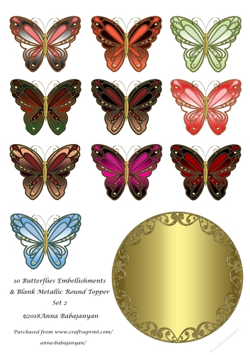 10 Butterflies Embellishments & Blank Metallic Round Topper Set 2
