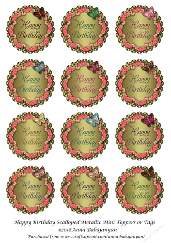 Happy Birthday Scalloped Metallic Mini Toppers or Tags