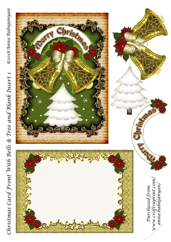 Christmas Card Front With Bells & Tree and Blank Insert 1