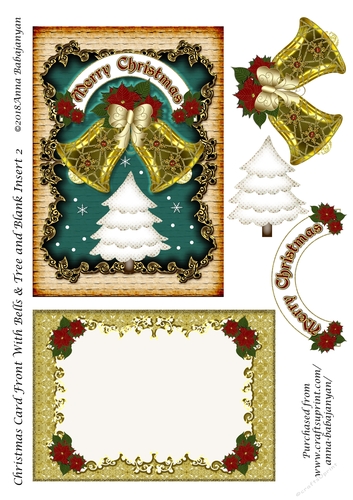 Christmas Card Front With Bells & Tree and Blank Insert 2