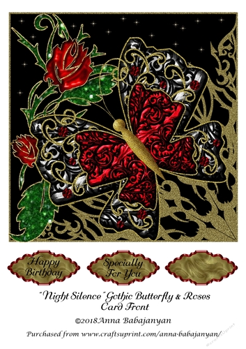 Night Silence Gothic Butterfly & Roses Card Front