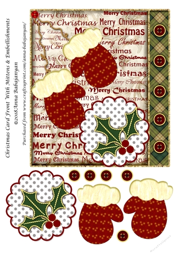 Christmas Card Front With Mittens & Embellishments
