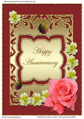 Pink Rose & Lilies on Gold Anniversary Card (red)