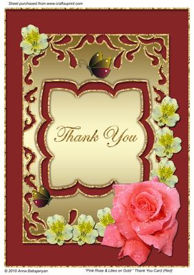 Pink Rose & Lilies on Gold Thank You Card (red)