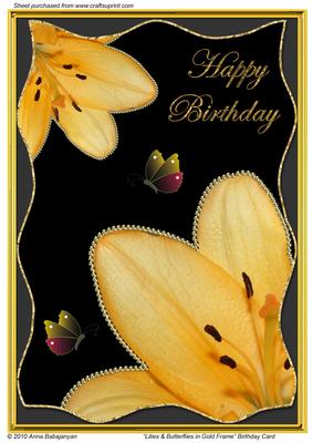 Lilies & Butterflies in Gold Frame Birthday Card