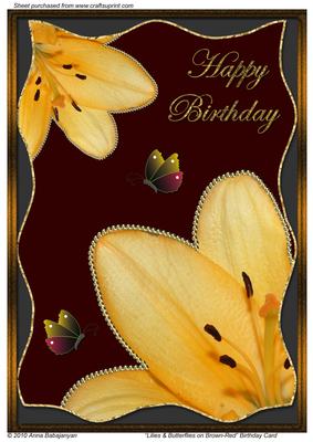 Lilies & Butterflies on Brown-red Birthday Card