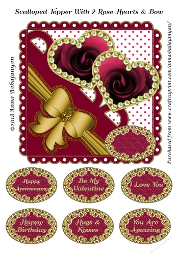 Scalloped Topper With 2 Rose Hearts & Bow