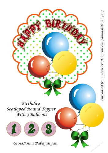 Birthday Scalloped Round Topper With 3 Balloons