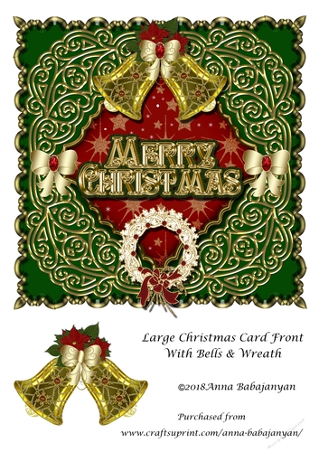 Large Christmas Card Front With Bells & Wreath