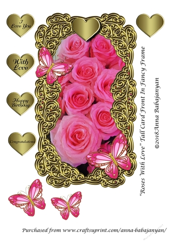 Roses With Love Tall Card Front In Fancy Frame