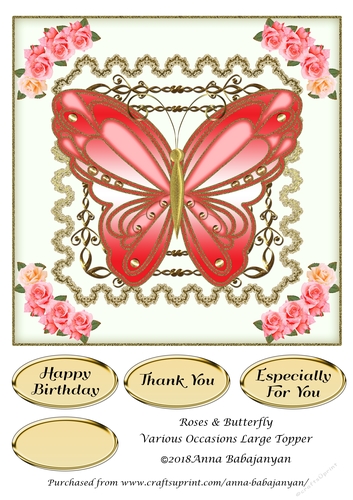 Roses & Butterfly Various Occasions Large Topper