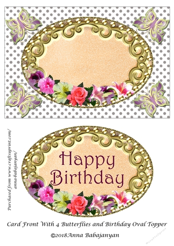 Card Front With 4 Butterflies and Birthday Oval Topper