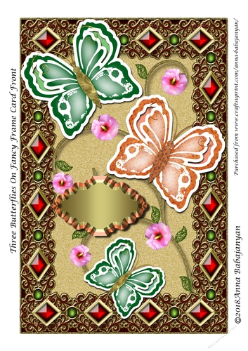 Three Butterflies On Fancy Frame Card Front