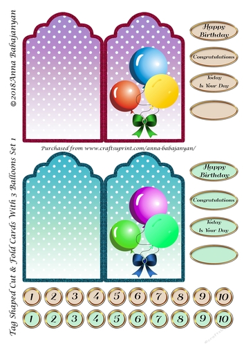 Tag Shaped Cut & Fold Cards With 3 Balloons Set 1