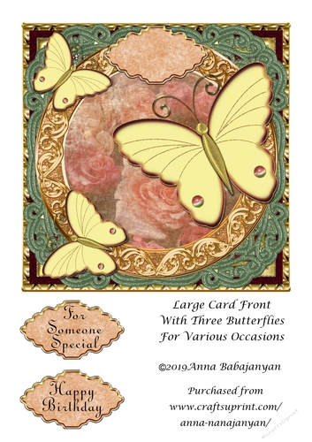 Large Card Front With Three Butterflies For Various Occasions