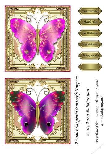 2 Violet Magenta Butterfly Toppers
