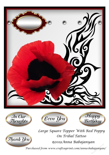Large Square Topper With Red Poppy On Tribal Tattoo