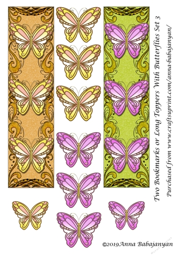 Two Bookmarks or Long Toppers With Butterflies Set 3