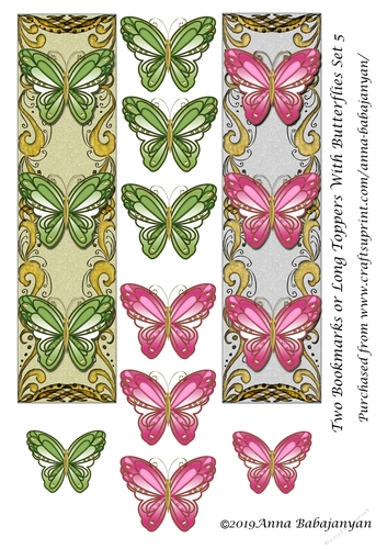 Two Bookmarks or Long Toppers With Butterflies Set 5