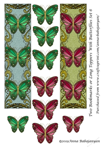 Two Bookmarks or Long Toppers With Butterflies Set 6