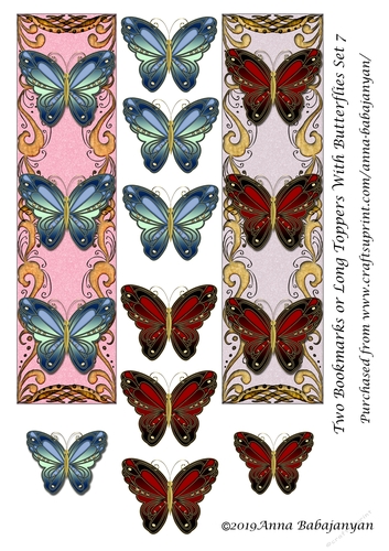 Two Bookmarks or Long Toppers With Butterflies Set 7