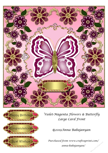 Violet-Magenta Flowers & Butterfly Large Card Front