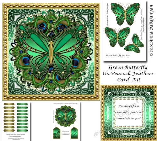 Green Butterfly On Peacock Feathers Card Kit
