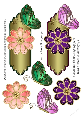 2 Bookmarks or Long Toppers With Flower & Butterfly 1