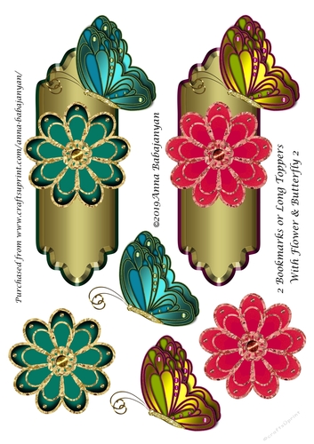 2 Bookmarks or Long Toppers With Flower & Butterfly 2