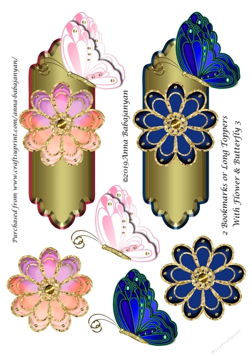 2 Bookmarks or Long Toppers With Flower & Butterfly 3