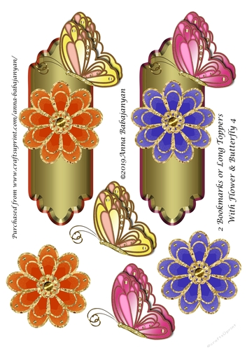 2 Bookmarks or Long Toppers With Flower & Butterfly 4
