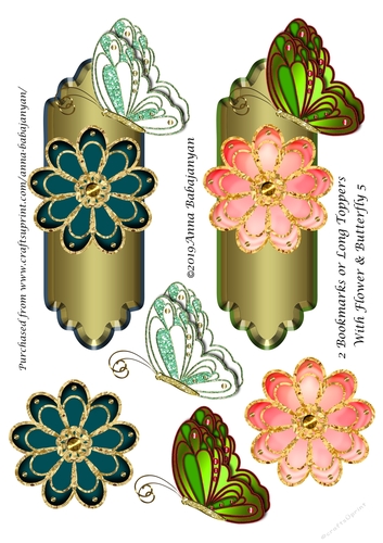 2 Bookmarks or Long Toppers With Flower & Butterfly 5