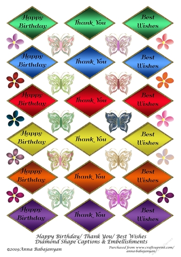 Happy Birthday Thank You Best Wishes Diamond Shape Captions & Embellishments