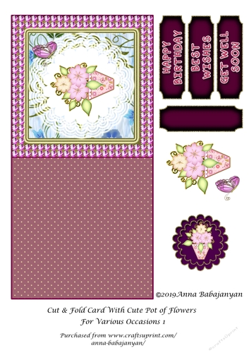 Cut & Fold Card With Cute Pot of Flowers For Various Occasions 1