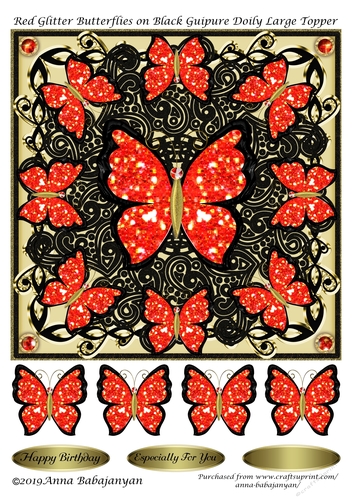 Red Glitter Butterflies on Black Guipure Doily Large Topper