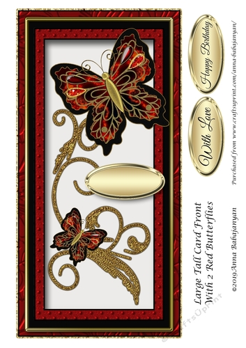 Large Tall Card Front  With 2 Red Butterflies
