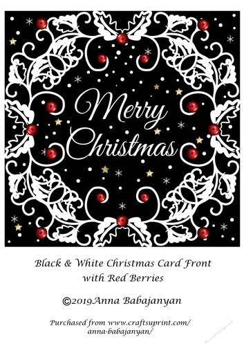 Black & White Christmas Card Front with Red Berries