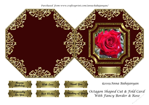 Octagon Shaped Cut & Fold Card With Fancy Border & Rose
