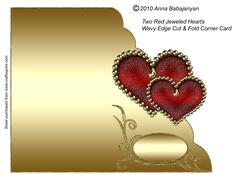 Two Red Jeweled Hearts Wavy Edge Cut & Fold Corner Card