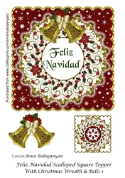 Feliz Navidad Scalloped Square Topper With Christmas Wreath & Bells 1