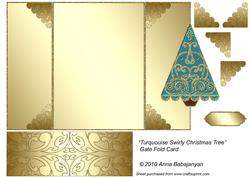 Turquoise Swirly Christmas Tree Gate Fold Card