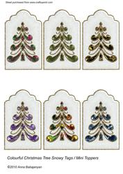 Colourful Christmas Tree Snowy Tags /mini Toppers