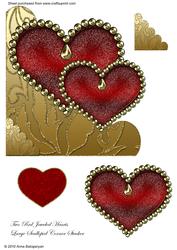 Two Red Jeweled Hearts Large Scalloped Corner Stacker