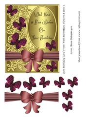 Cute Birthday Card Front with Butterflies, Flowers & Bow 1