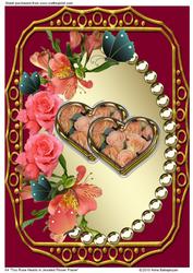 A4 Two Rose Hearts in Jeweled Flower Frame