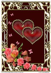 A4 Two Red Jeweled Hearts & Flowers on Dark Red