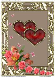 A4 Two Red Jeweled Hearts & Flowers on Light Brown
